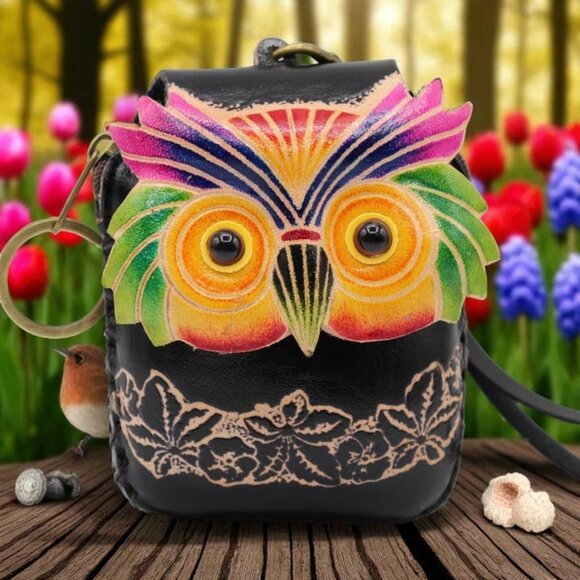 Coin Purse Leather OWL Coloful Wristlet Keychain Zipper Pouch Wallet - Picture 1 of 2